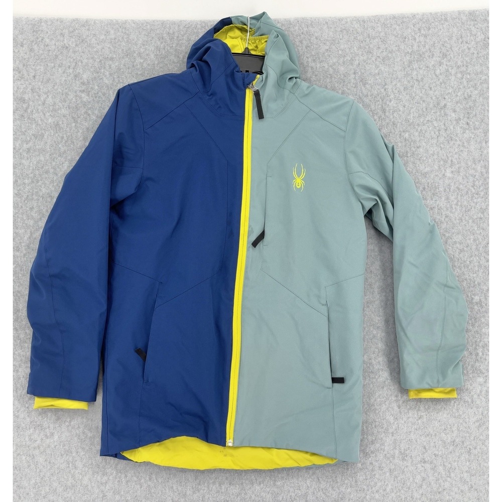 Spyder Youth Large Hooded Ski Snow Jacket Blue Gray Yellow Insulated Winter